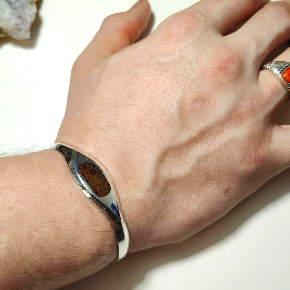 Vintage TAXCO Sterling Silver Hinged Bracelet Brown/black Jasper Inlay Unisex - Picture 11 of 13